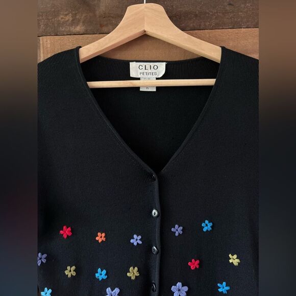 Vintage 80s CLIO Petites Black Silk Colorful Floral Embroidered Cardigan Sweater - Picture 3 of 14